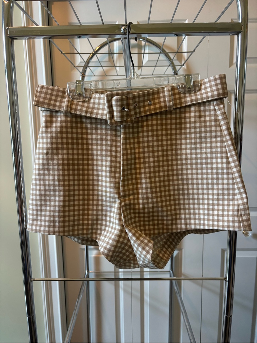 Zara Brown and White Gingham High Waist Shorts with Belt